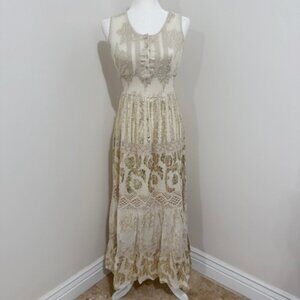 Me 2 Magic Anthropologie Tan Gold Lurex Crochet Accents Maxi Dress Size S NWT